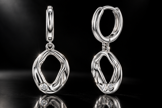 925 Sterling Silver Organic Textured White Sapphire Huggie Drop Earrings - 1618 - 1619