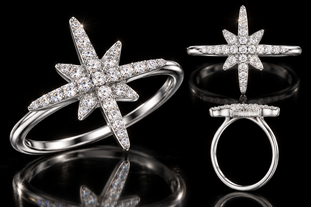 Triple Rhodium Finished Sterling Silver North Star Ring - 1620
