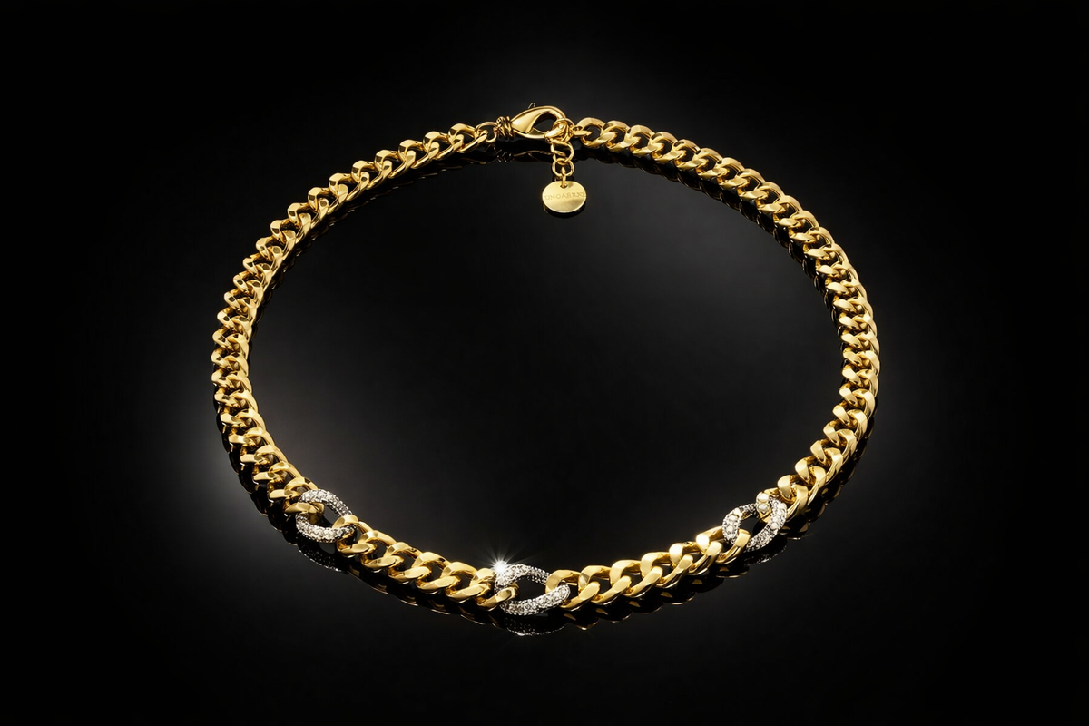 UNOAERRE Designer 24 kt. Gold Bonded LG White Sapphire Pavé Link Curb Chain