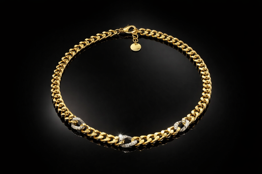 UNOAERRE Designer 24 kt. Gold Bonded LG White Sapphire Pavé Link Curb Chain