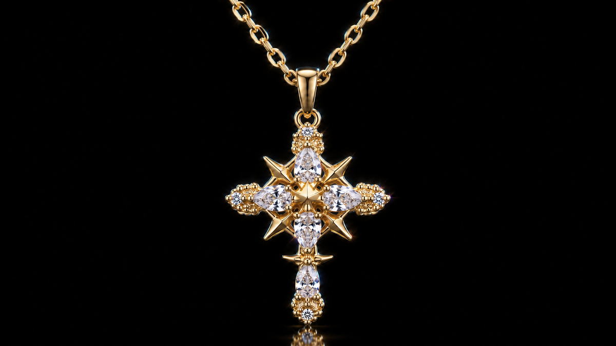 14kt Yellow Gold Finished Stainless Steel CZ Accented Cross Pendant & Chain