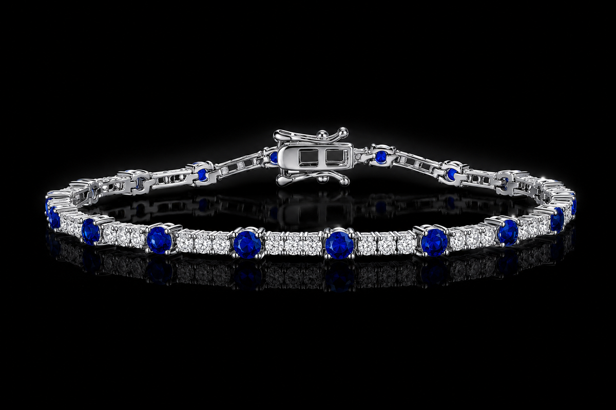 925 Rhodium Finisheh Sterling Silver 3mm LG Blue and White  Sapphire Tennis Bracelet