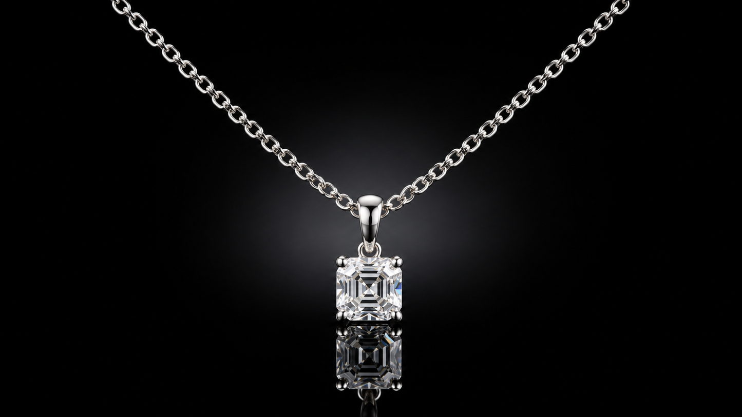 925 Triple Rhodium Sterling Silver Asscher-Cut Lab White Sapphire Necklace, Earrings & Ring Set