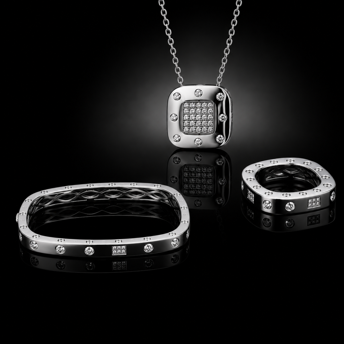 925 Triple Rhodium Fine Italian Silver Bracelet, Pendant & Ring Collection