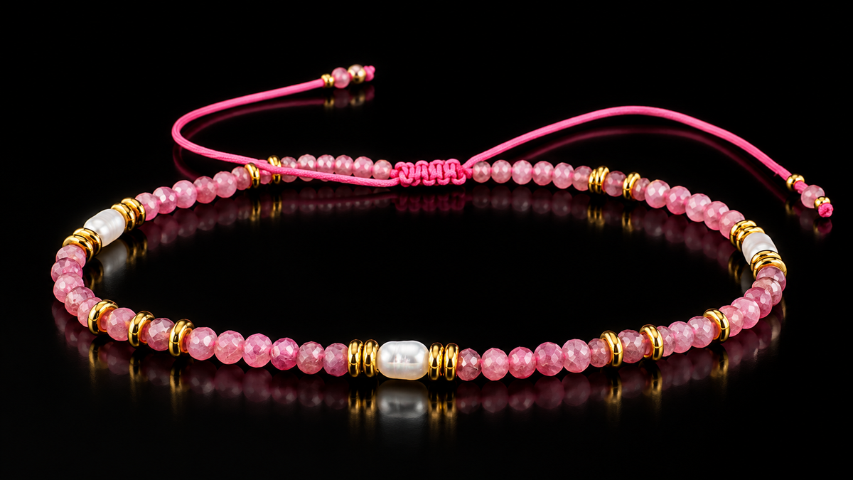 14kt Gold Finished Titanium Steel Genuine Pink Tourmaline & Pearl - Necklace, Bracelet or Set