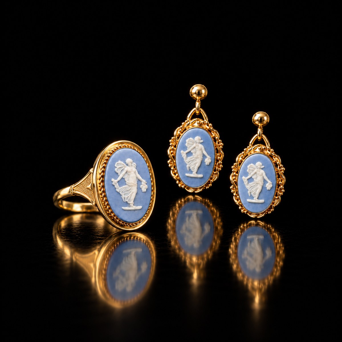 Vintage 14kt Yellow Gold Wedgwood Blue Jasperware Dancing Hours Floral Girl Cameo Ring, Circa 1973