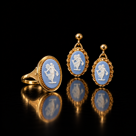Vintage 14kt Yellow Gold Wedgwood Blue Jasperware Dancing Hours Floral Girl Cameo Ring, Circa 1973