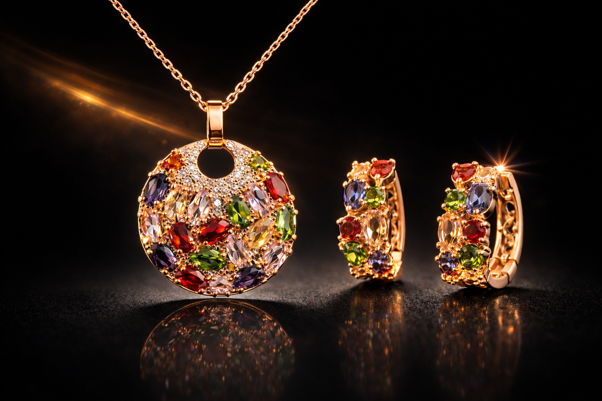 Multi-Colored Gemstone Pendant & Earring Set