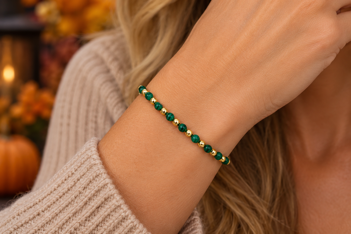 14kt Stainless Steel Natural Stone Beaded Stretch Bracelets Malachite & Howlite