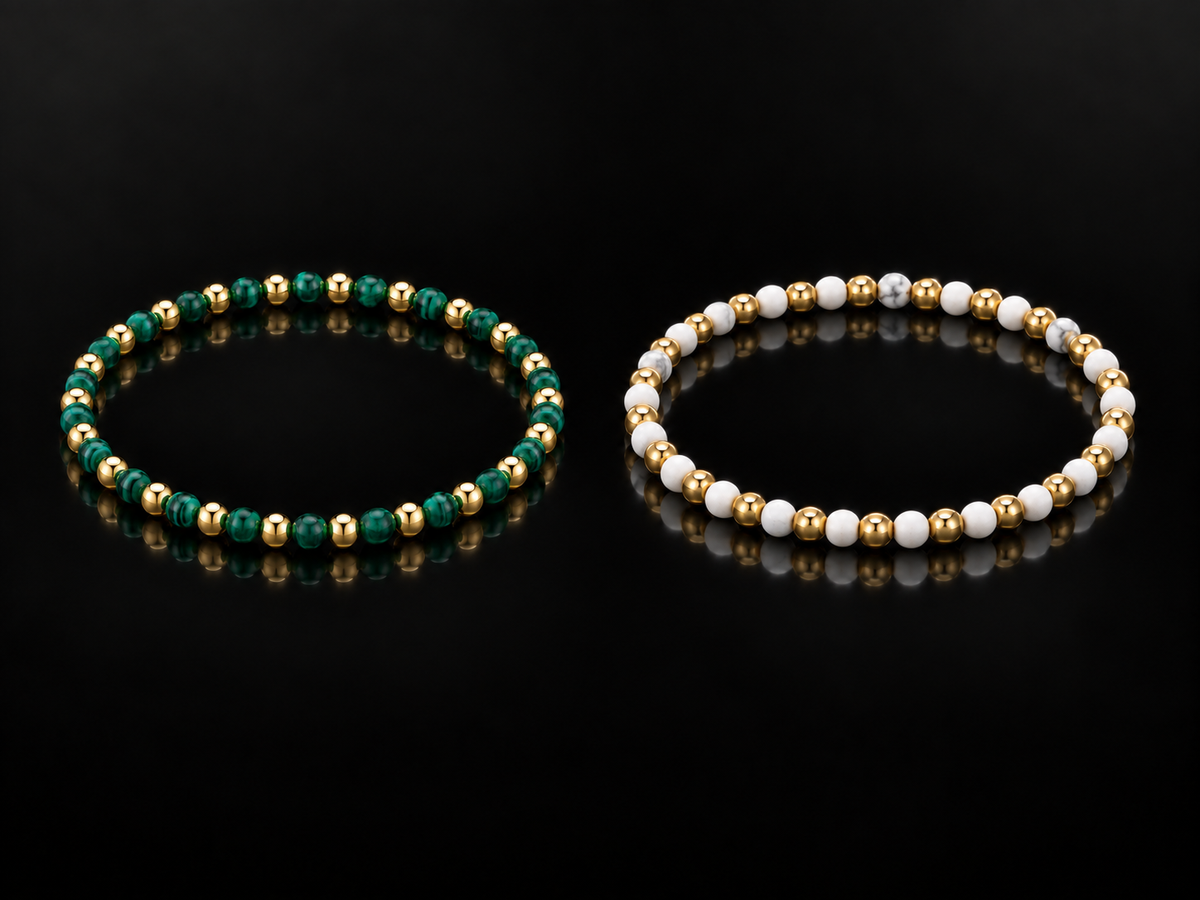 14kt Stainless Steel Natural Stone Beaded Stretch Bracelets Malachite & Howlite