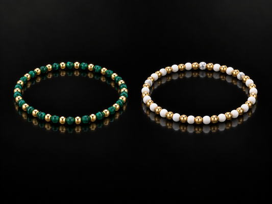 14kt Stainless Steel Natural Stone Beaded Stretch Bracelets Malachite & Howlite