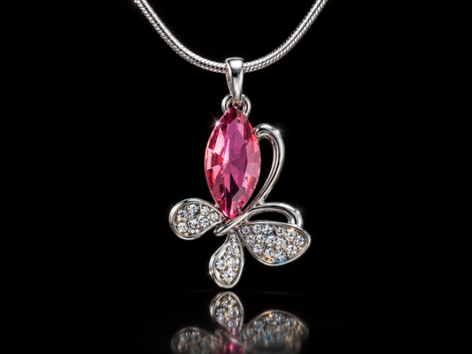 Pink & White Cubic Zirconia Pavé Butterfly Pendant, 18" Chain