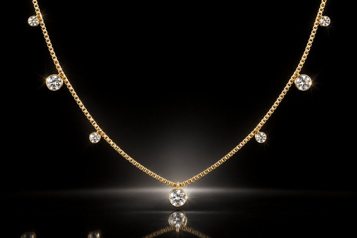 14KT Yellow Gold Over Stainless Steel 7-Stone Bezel-Set Dangling Station Necklace