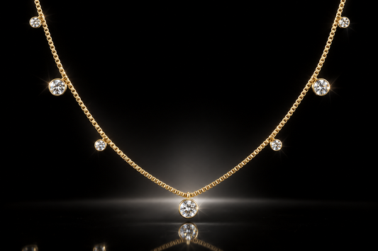 14KT Yellow Gold Over Stainless Steel 7-Stone Bezel-Set Dangling Station Necklace