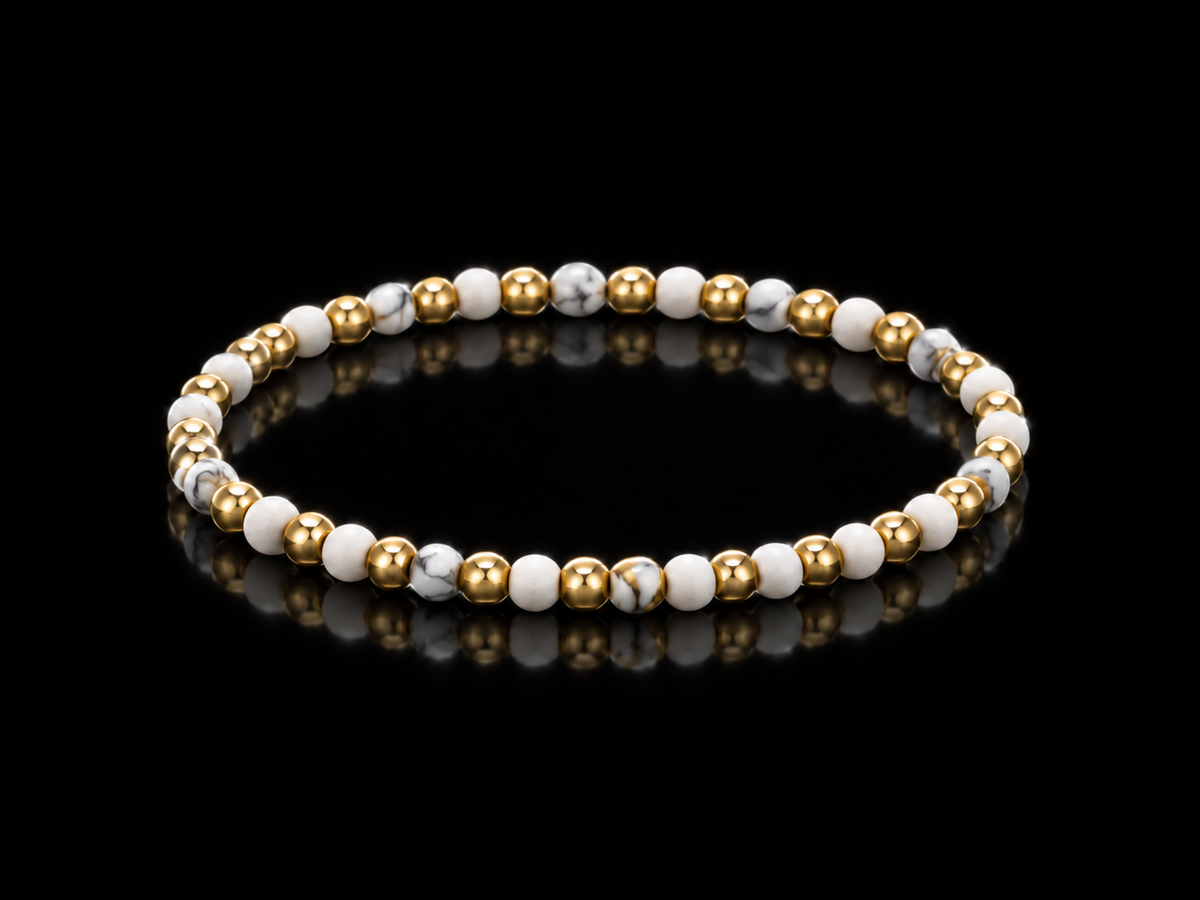 14kt Stainless Steel Natural Stone Beaded Stretch Bracelets Malachite & Howlite