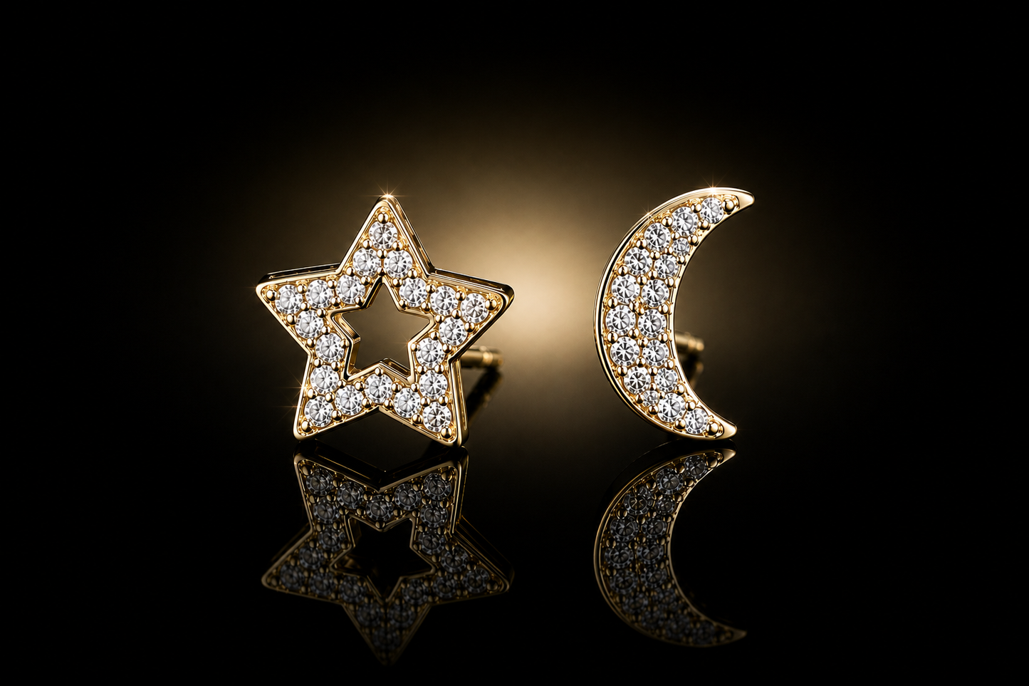 14K Yellow Gold Diamond Pave' Star and Crescent Moon Earrings