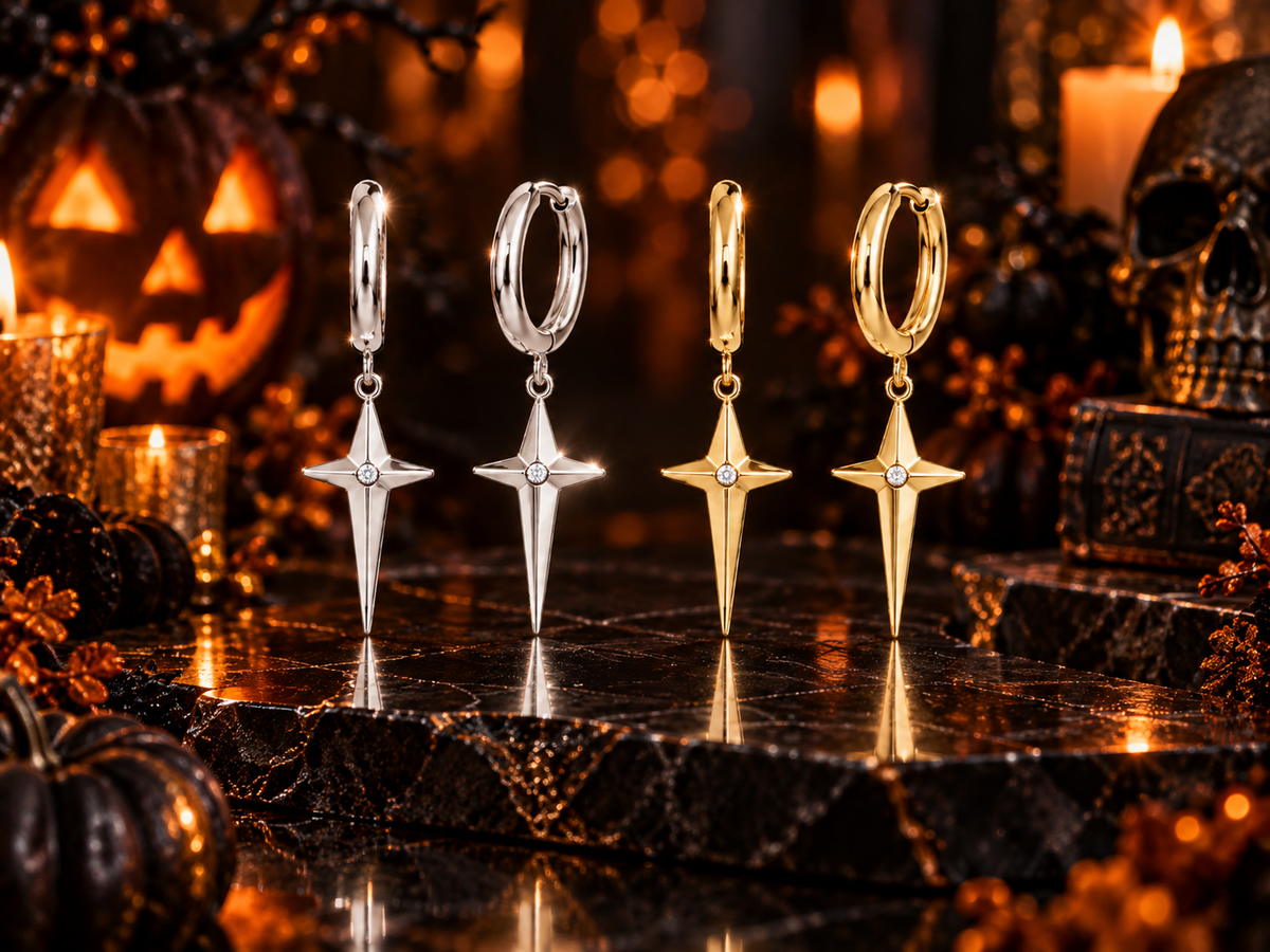 CZ Accented Cross Huggie Hoop Earrings - Rhodium or 14kt Gold Finish