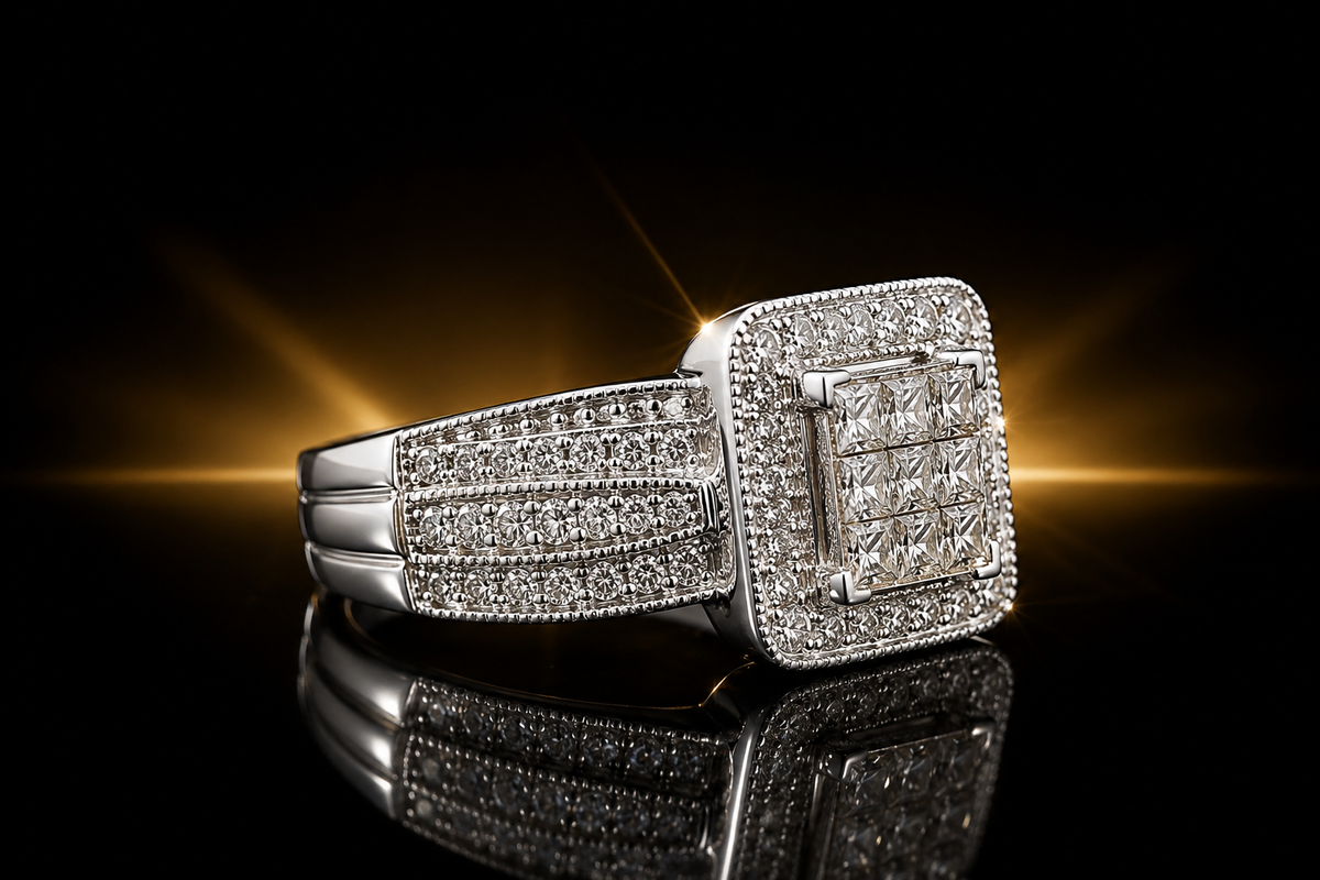 14K White Gold 1.60 ctw Genuine Invisibly Set Natural Diamond Triple Row Ring