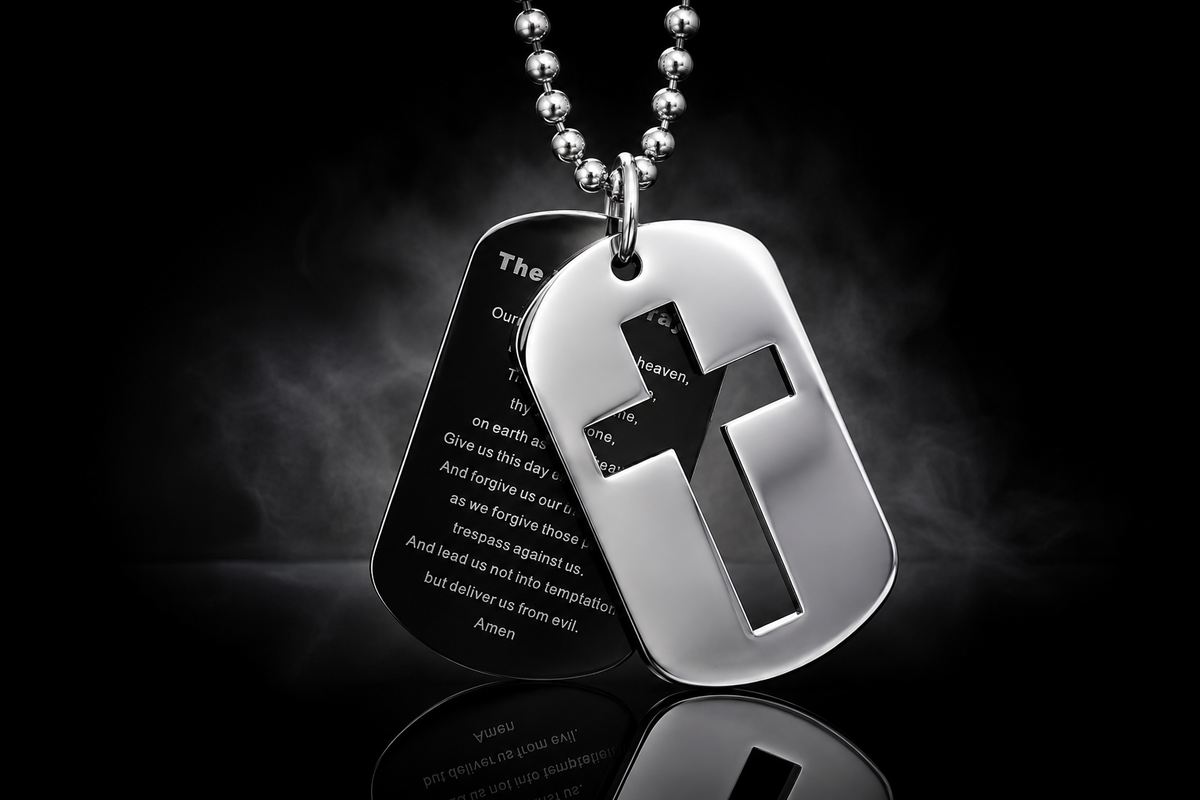 Men's Titanium & Stainless Steel "Lord's Prayer" Cross and Dog Tag Necklace, 24"