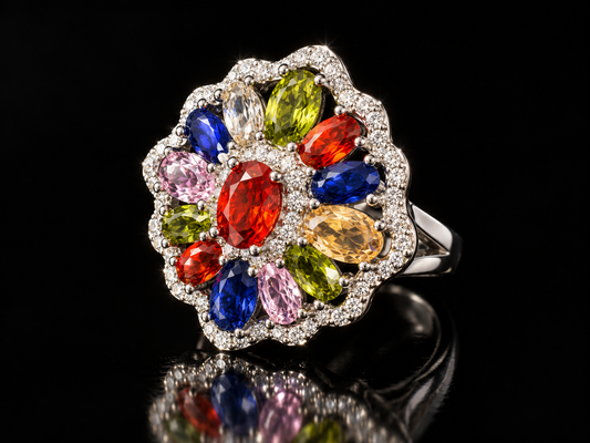 13-Stone Multi-Colored LG Gemstone & Cubic Zirconia Statement Ring