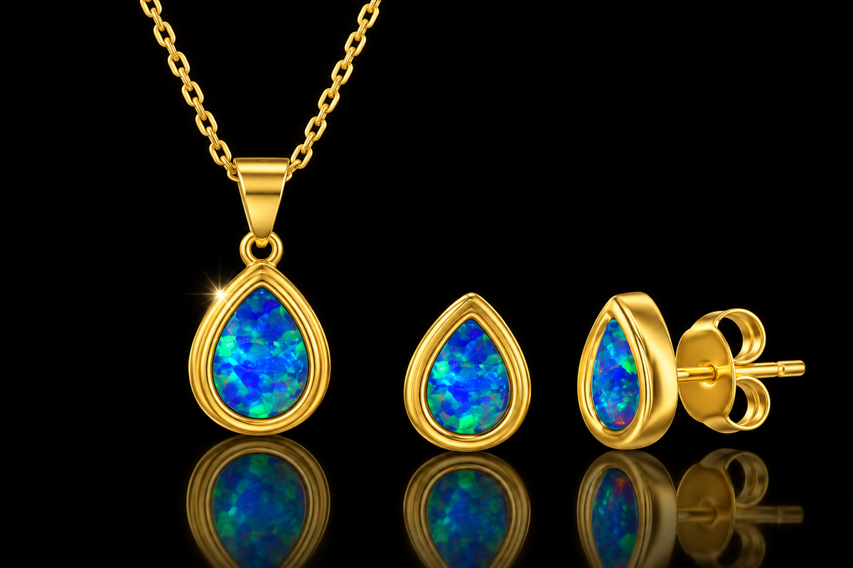 14kt/Rhodium Finished Sterling Silver Pear Shape Opal Pendant & Earring Set