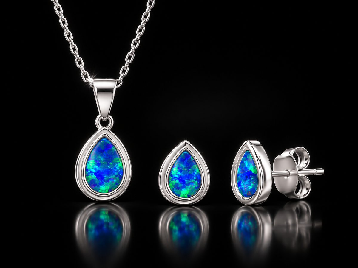 14kt/Rhodium Finished Sterling Silver Pear Shape Opal Pendant & Earring Set