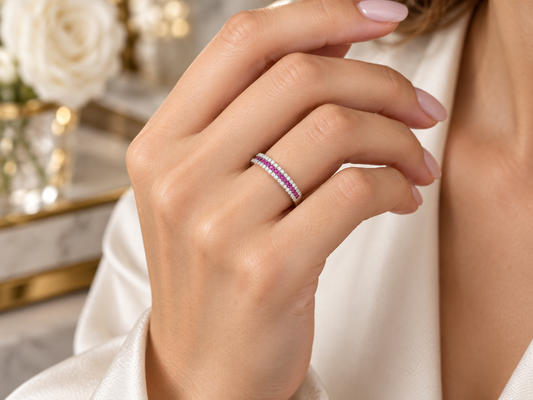 925 Sterling Silver Lab Pink & White Sapphire Micro Pavé 4mm Ring