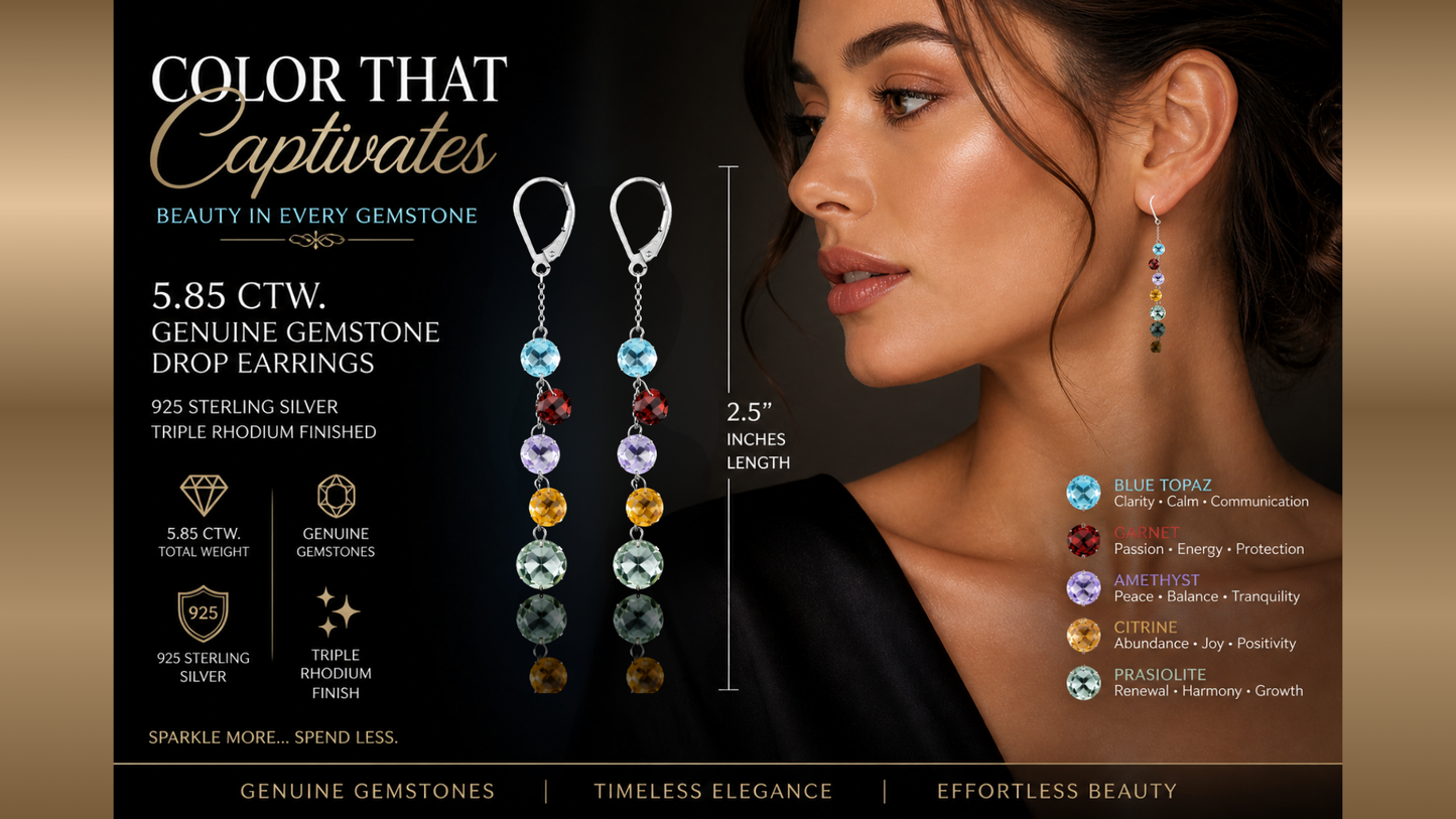 925 Sterling Silver 5.85 CTW Genuine Multi-Gemstone Drop Earrings