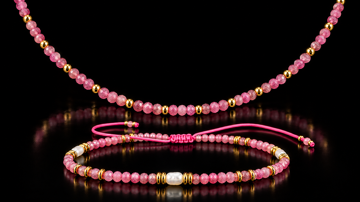 14kt Gold Finished Titanium Steel Genuine Pink Tourmaline & Pearl - Necklace, Bracelet or Set