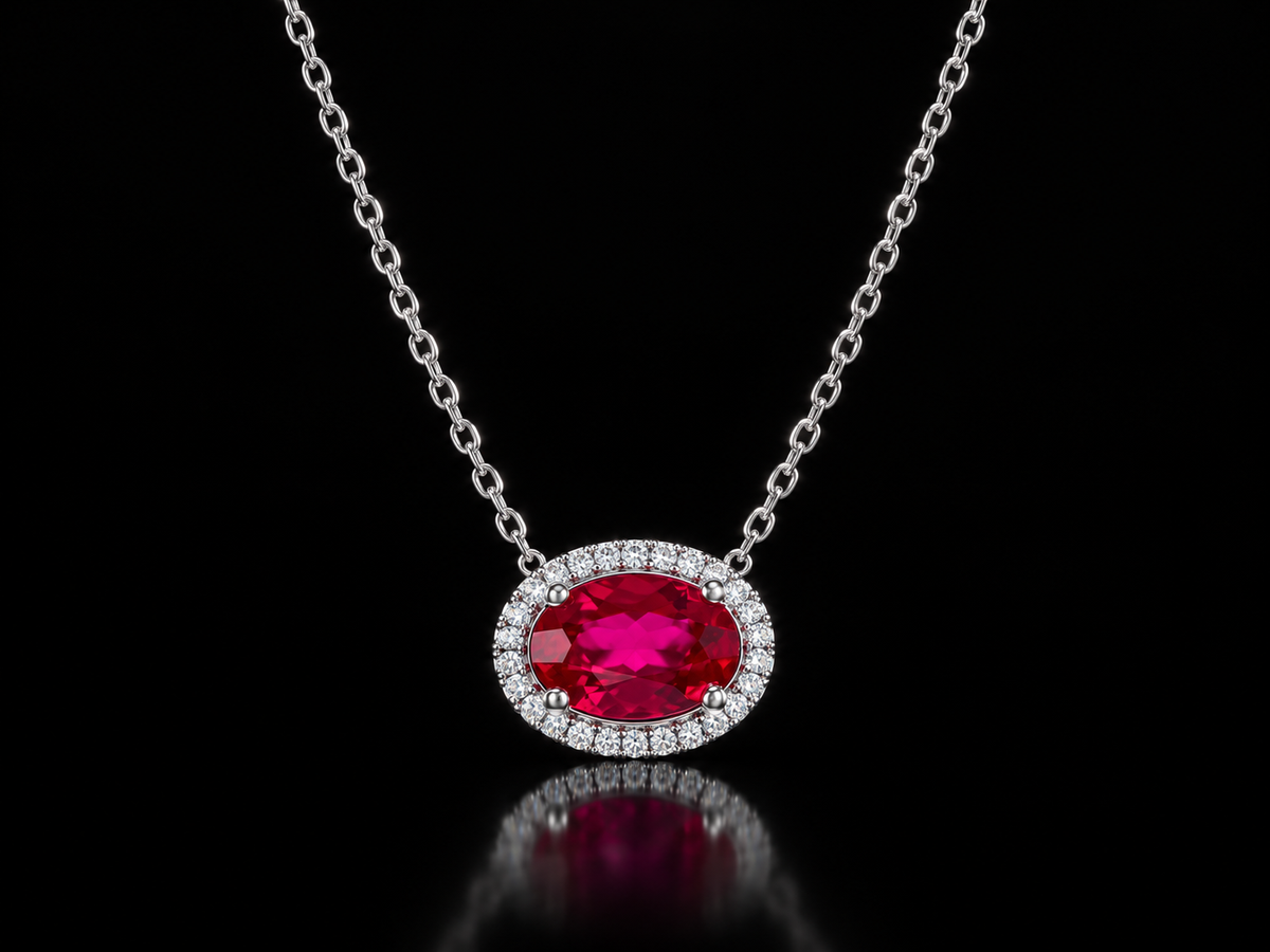 925 Rhodium Sterling Silver .81 CTW Lab Ruby and Natural Diamond Necklace, 16"+2"