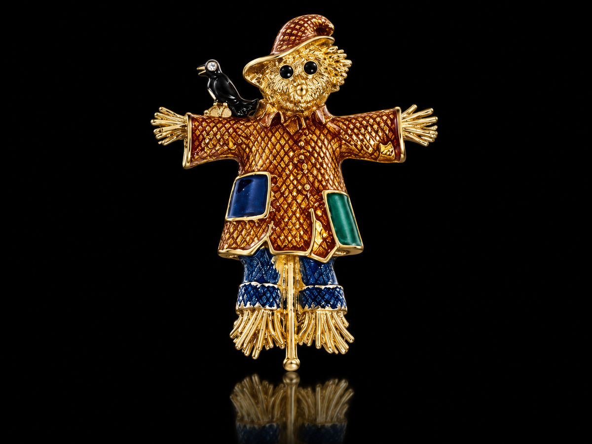 Fabulous Fall Crystal & Enamel Brooches Crystal Flower & Scarecrow
