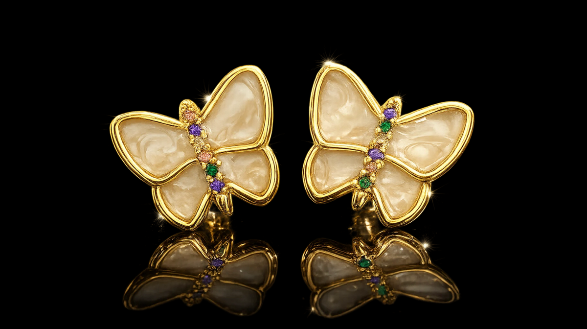 14kt.  Yellow Gold PVD Mother of Pearl Butterfly Studs  1450 - Multi Color 1451 - White Sapphire