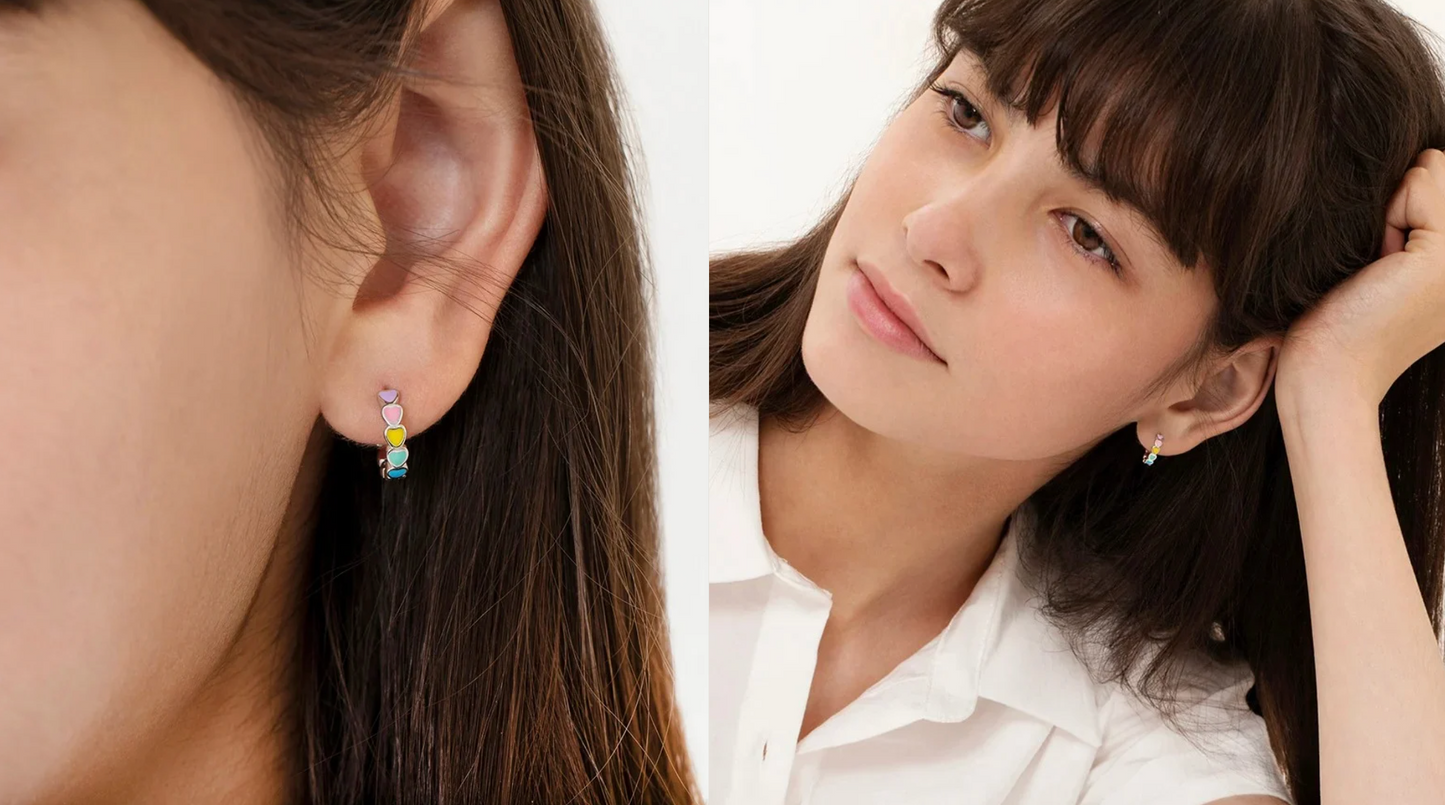 925 Sterling Silver 12mm Multi-Color Enamel Heart Huggie Hoops for Kids