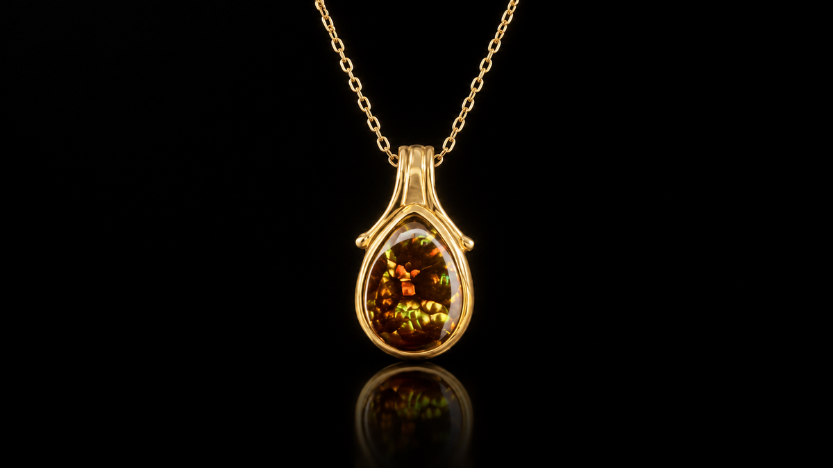 Vintage 14kt Yellow Gold Bezel Set Ammolite Pendant & Chain, Circa 1980s