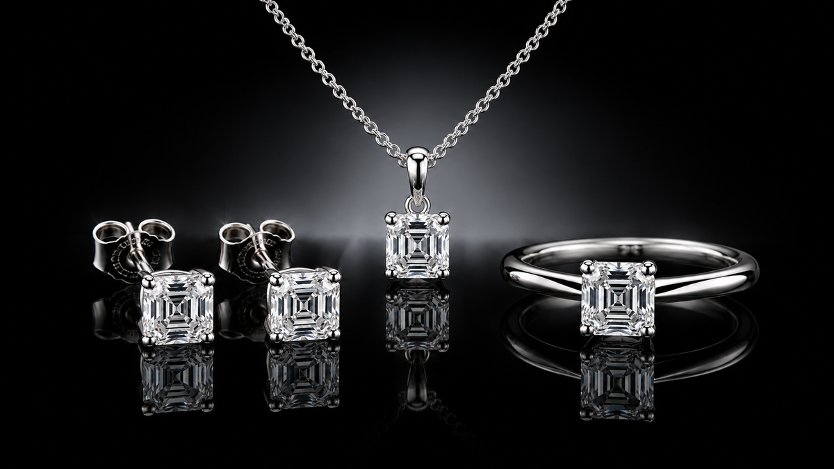 925 Triple Rhodium Sterling Silver Asscher-Cut Lab White Sapphire Necklace, Earrings & Ring Set