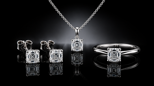 925 Triple Rhodium Sterling Silver Asscher-Cut Lab White Sapphire Necklace, Earrings & Ring Set