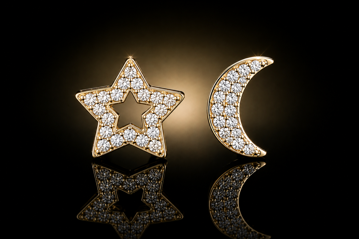 14K Yellow Gold Diamond Pave' Star and Crescent Moon Earrings