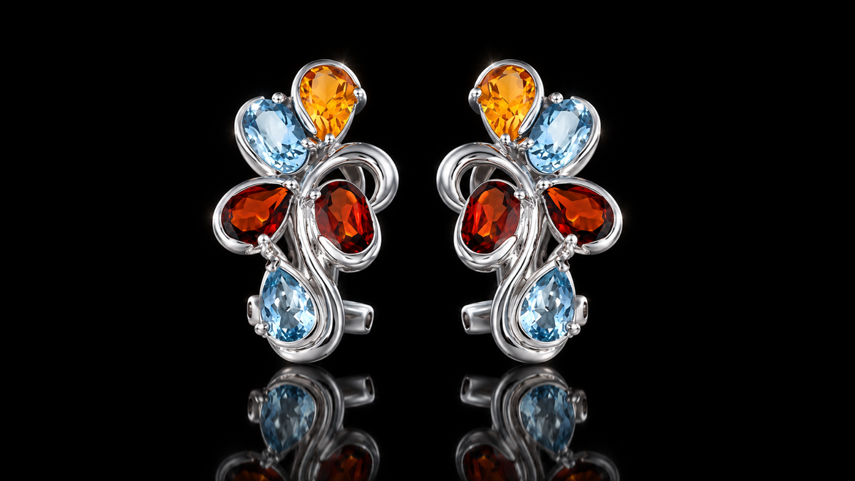 925 Rhodium Sterling Silver Mozambique Garnet, Blue Topaz & Citrine Omega Back Earrings