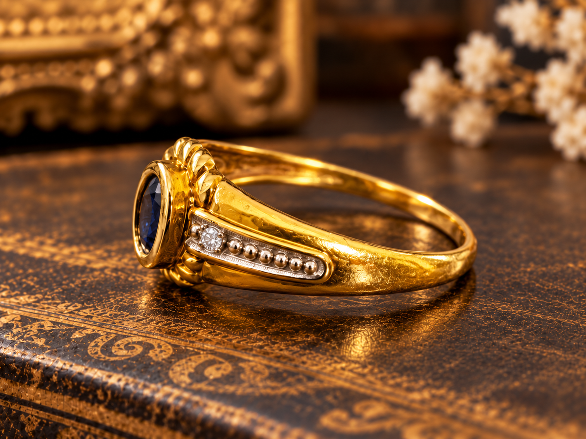 Vintage 18kt Yellow Gold Genuine Sapphire & Diamond Ring, Circa 1930s