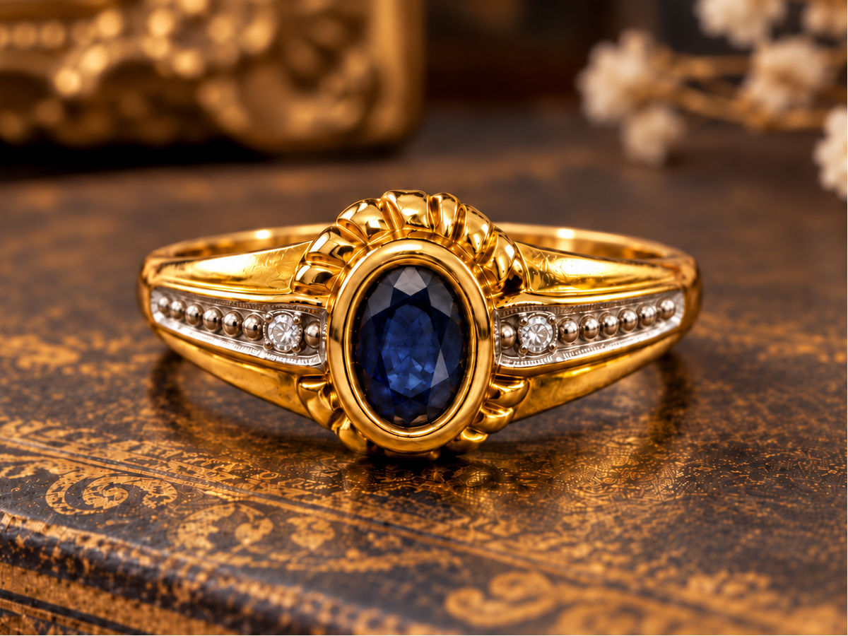 Vintage 18kt Yellow Gold Genuine Sapphire & Diamond Ring, Circa 1930s