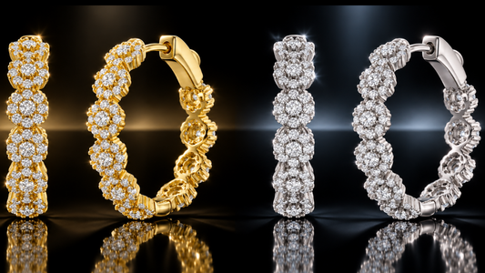 14K/Rhodium Finished LG White Sapphire 25mm Cluster Hoops with Locking Backs