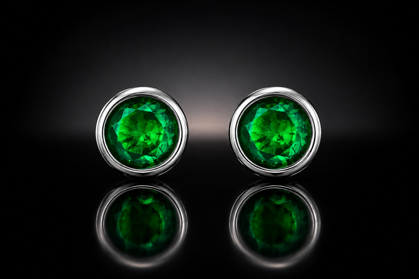 925 Sterling Silver 6mm Round Bezel Set LG Emerald Studs
