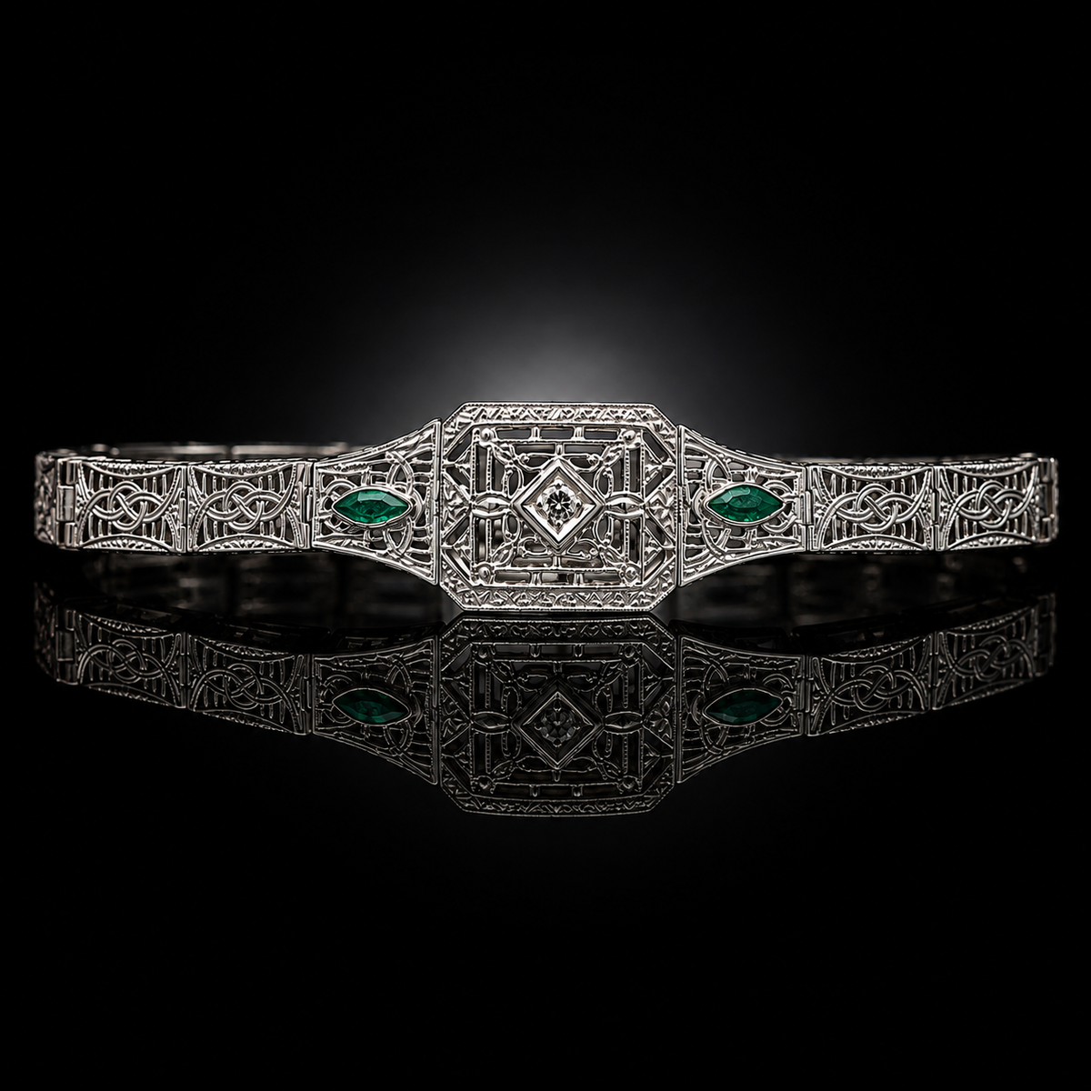 18 kt. White Gold Vintage Circa 1920 Genuine Emerald & Diamond Bracelet