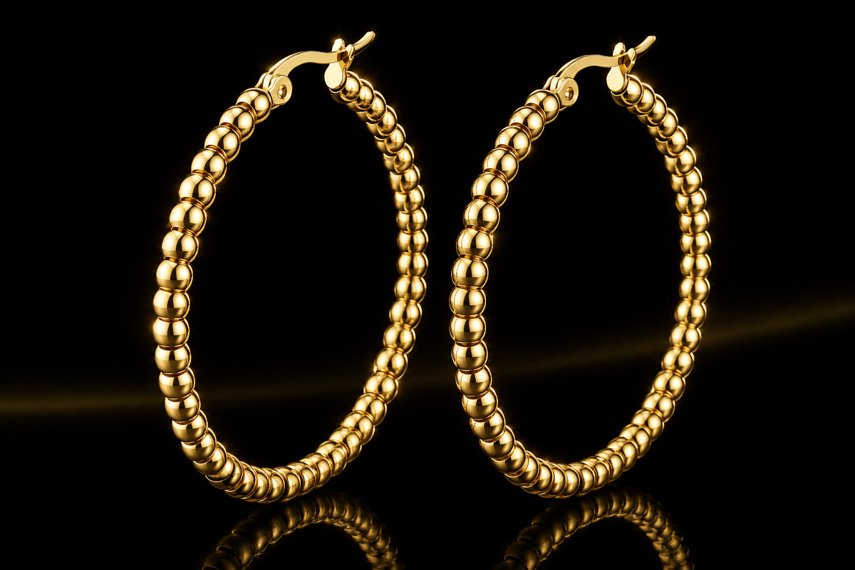 18kt Gold over Titanium Steel 30x3mm Beaded Hoop Earrings