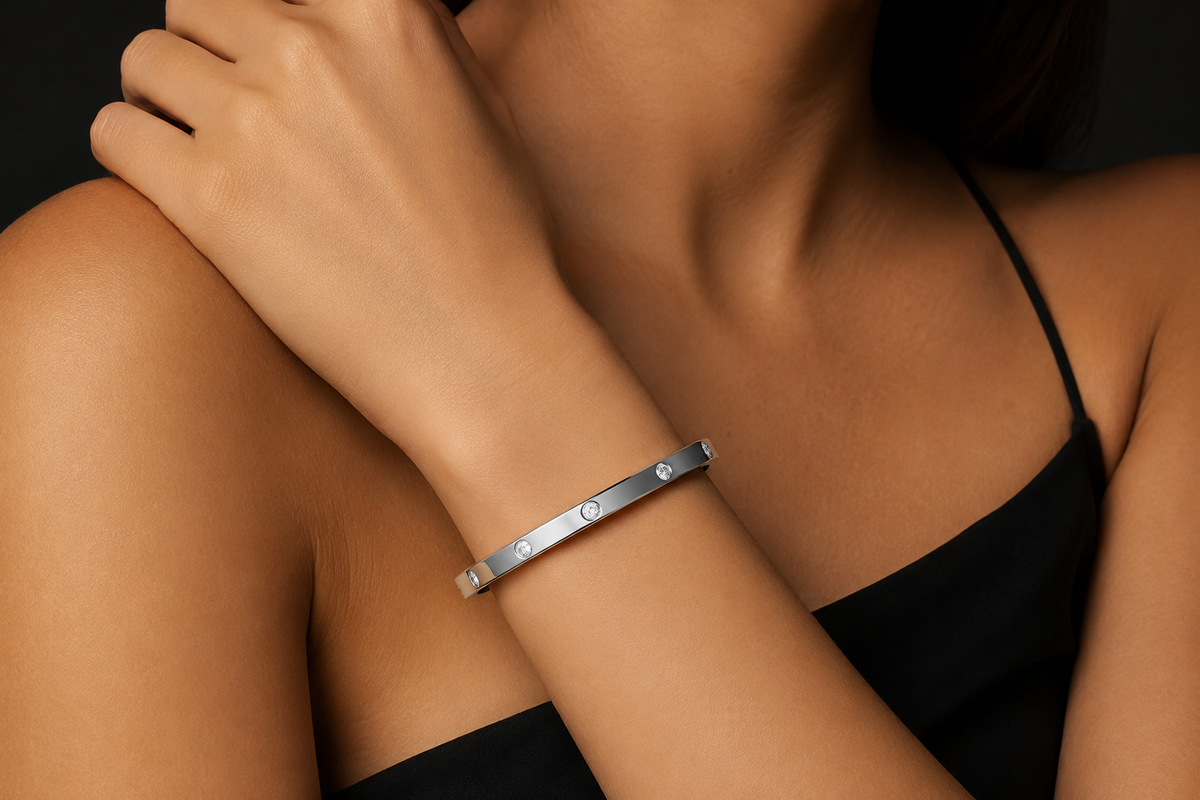 4 mm Designer Inspired Stainless Steel Cubic Zirconia  Accented Bangle Bracelet