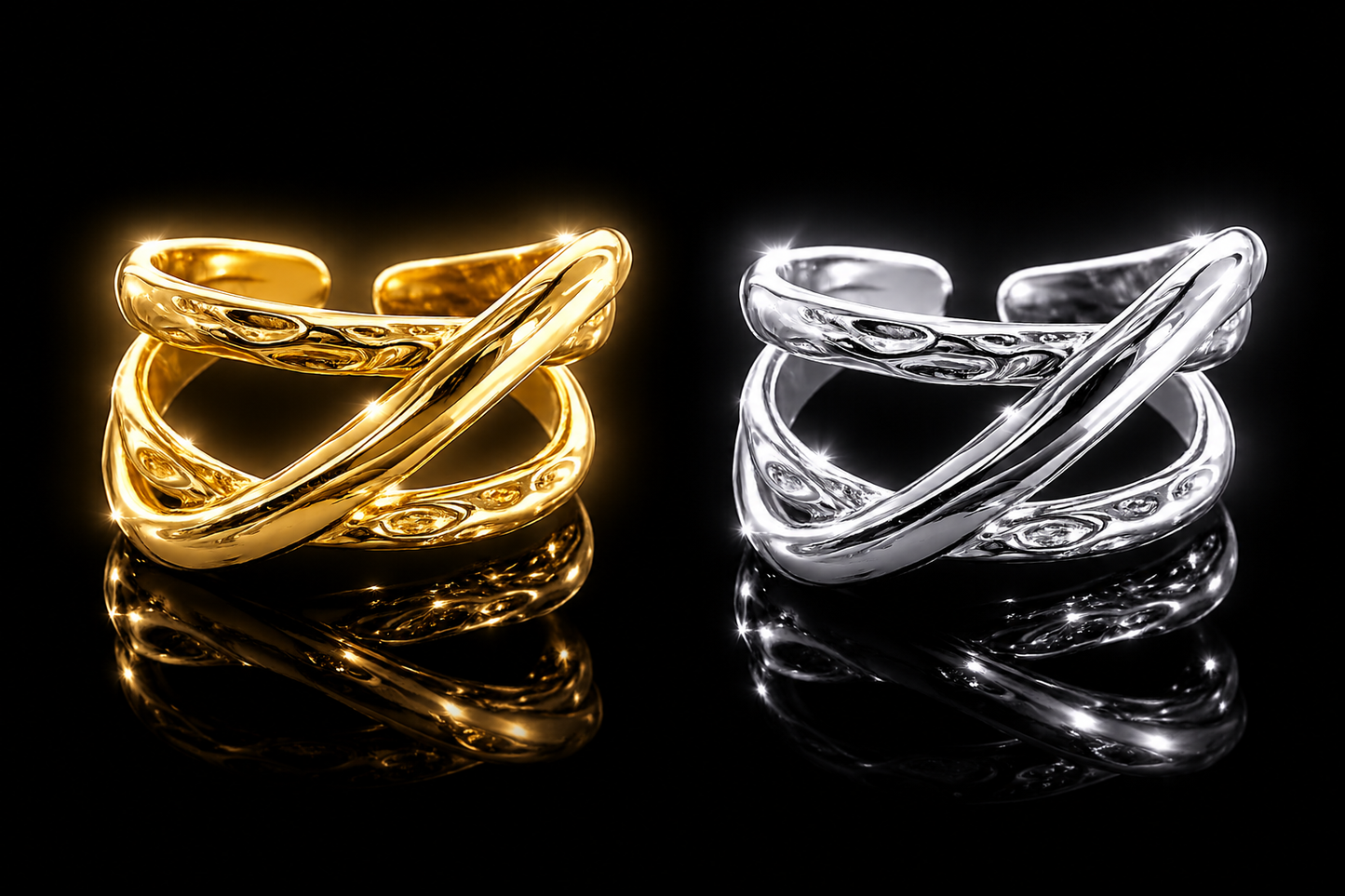 14 kt. Yellow Gold Rhodium Finsihed Stainless Steel Crisscross Rings