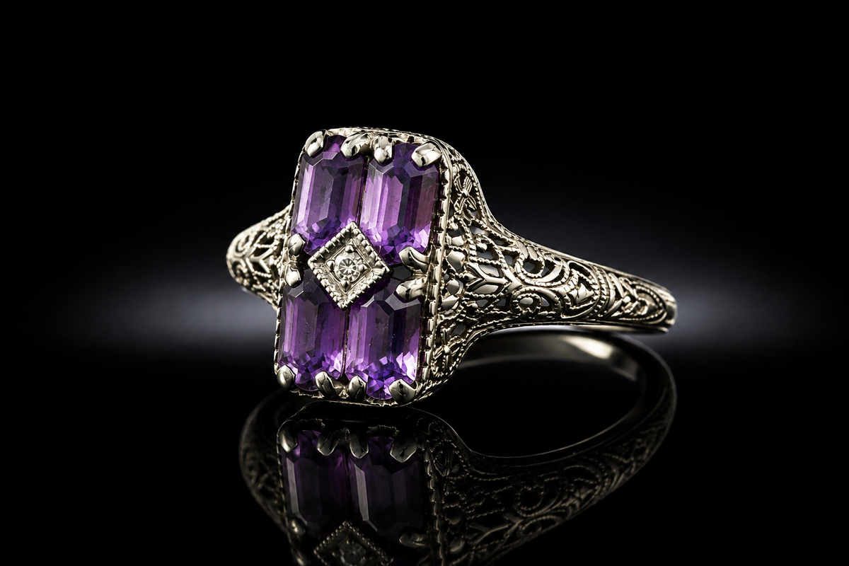 925 Sterling Silver Vintage Filigree Amethyst Ring