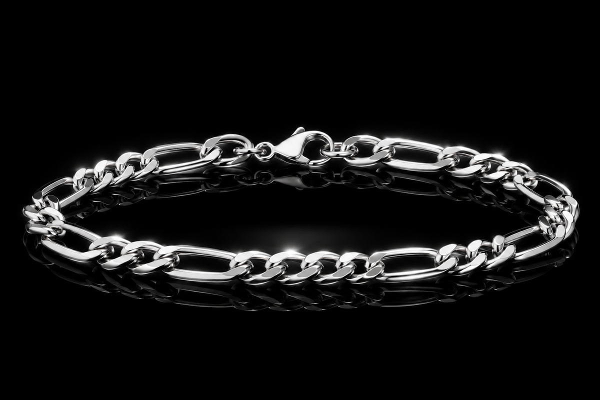 14kt/Rhodium Over Stainless Steel  8 mm  Figaro Chain  8.5 Inch  Bracelet