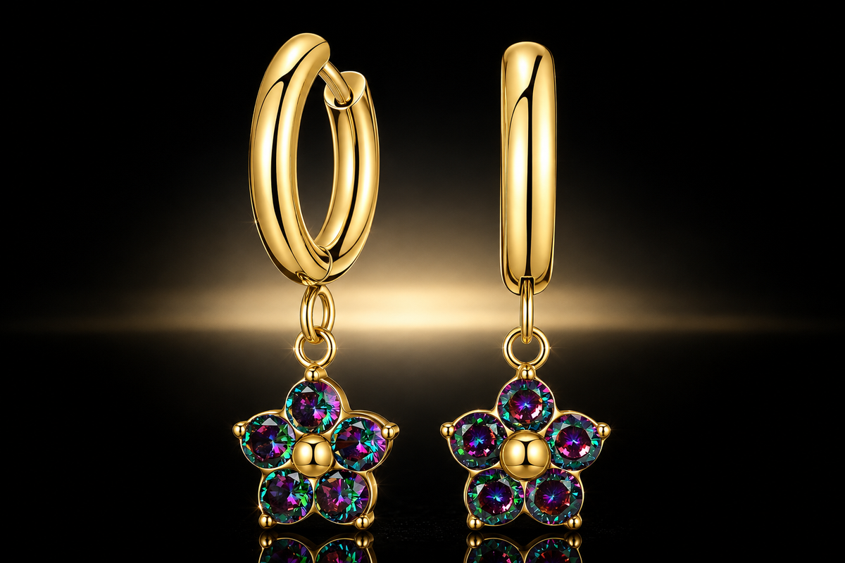 18kt Gold over Titanium Steel Mystic Topaz Drop Hoop Earrings &ndash; Hearts & Flowers