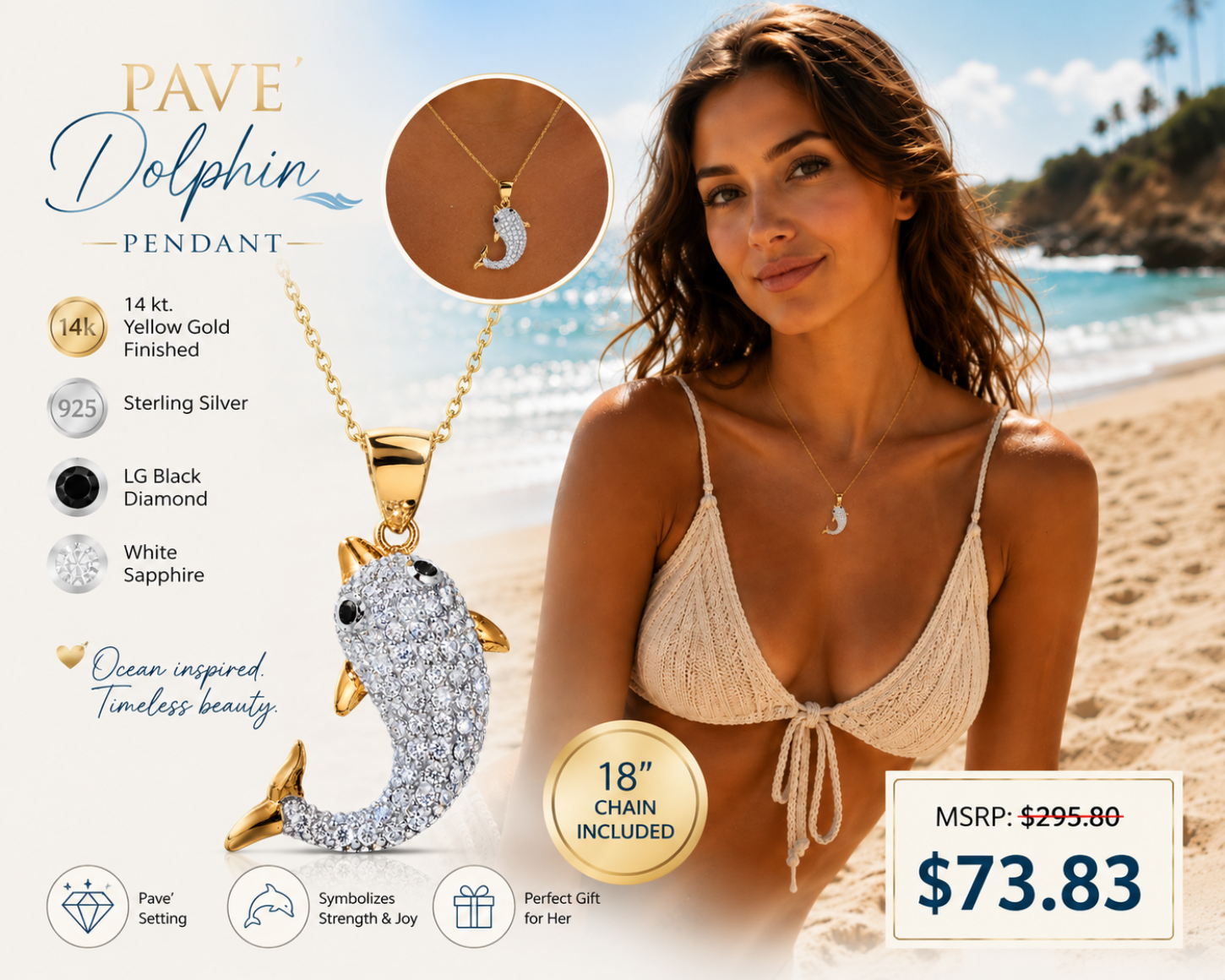 Woman on a beach wearing a gold pendant necklace with dolphin design, product details on the left.